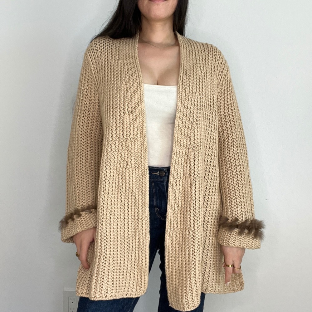Escada Cardigan Sze 40 Tan Cashmere Silk Knit Rabbit Fur Trim Open Front Sweater